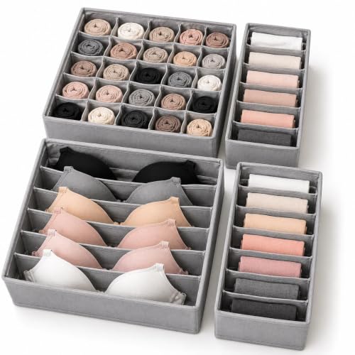 Kit 4 Colmeias Organizadoras Gaveta Guarda Roupa TNT Dobrável Cinza | 6, 7, 8 e 24 Divisórias, Multiuso, Para Meias, Cuecas, Calcinhas, Sutiãs, Lingerie e Roupas Íntimas, Para Bebê e Acessórios