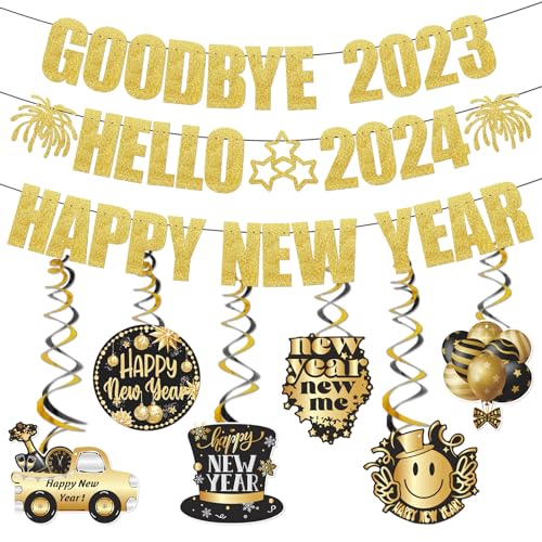 Gold Glitter Goodbye 2023 Hello 2024 Happy New Year Banner for Happy New Year Decorations 2024 New Years Eve Party Supplies with Hanging Swirl 2024 New Years Eve Banner