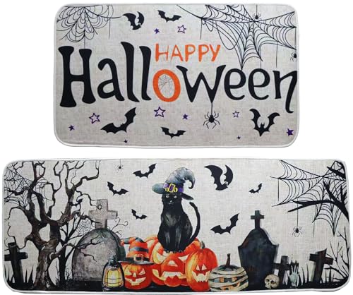 YLEALTH Halloween Kitchen Mats Set of 2, Halloween Decor Black Cat Pumpkin Rugs, Non-Slip Washable Kitchen Mats for Floor Kitchen Bathroom, Halloween Decorations for Home,17"x27+17"x47"