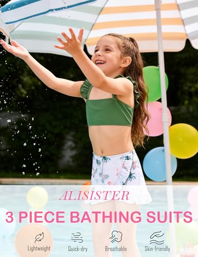 Image of ALISISTER Girls Swimsuit 3 Piece Bathing Suits Summer Bikini Tankini Sets with Cover Up Skirt for 4-12 Years