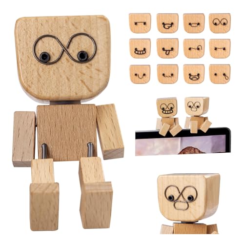 Faunamancy Shaking Wooden Man Figurine with 12 Magnetic Expressions-Handmade Wobbly Figure for Dashboard Decor,Desk Ornament,Car Accessories,Spring-Leg Design,Swaying Wooden Figure,Car Dash & Office