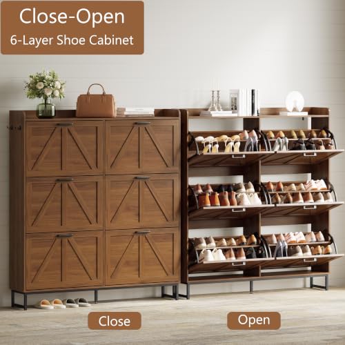 Image of Xixini Shoe Storage Cabinet with 6 Flip Drawers, Entryway Shoe Rack, Walnut | Freestanding Narrow Shoe Storage, Hidden Slim Wood Shoe Organizer, Modern Farmhouse, Open Storage & Hooks for Closet, Hallway