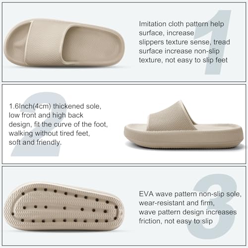 HEOAARG Badelatschen Herren Damen Rutschfest Badeschlappen Wolke Weich Schlappen Slippers Sommer Pantoletten Badesandalen Cozislides Flip Flops Innen/Außen，Khaki，46-47 EU 4