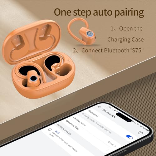 Image of Wireless Earbuds, Headphones Sport Bluetooth 5.4, Over Ear Buds with ENC Noise Canceling Mic, Deep Bass Stereo Earphones with Hook, 50H Playback, LED Display Ear Buds for Workout Running, Deep Orange