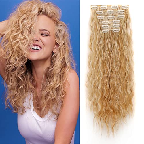 Cybelleza 50cm Extensiones de Clip de Pelo Rizado 6 Piezas Extensiones Pelo Natural Sintético 16 Clips Extensiones de Cabello Largo Ondulado Postizo, Rubio Oscuro y Rubio Blanqueador