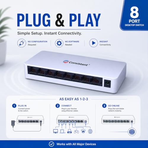 Image of Consistent 8-Port Gigabit Network Switch (CT-DS-08PG) - Full 1000Mbps Speed, Plug-and-Play Ethernet Splitter, Auto-Negotiation Ports, Energy-Efficient Design for Gaming & CCTV