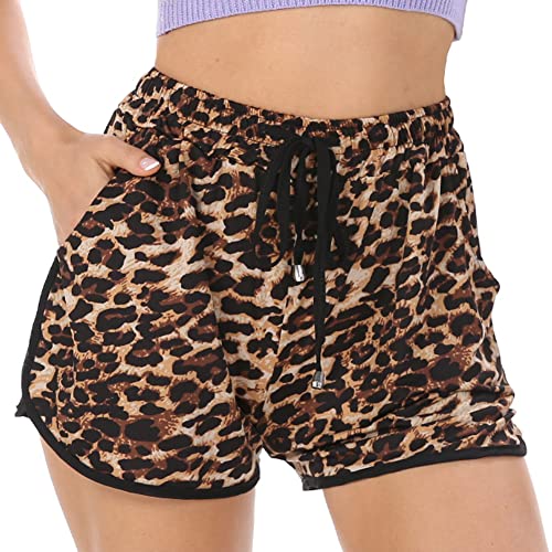PengFaXin Damen Shorts Sommer Casual High Waist Bequem Beach Hotpants mit Taschen(Leopard, Large)