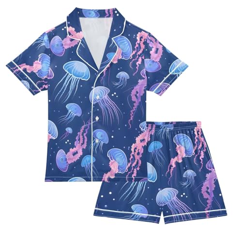 ALAZA Beautiful Color Jellyfish Pajamas Satin Pajama Set Short Sleeve Button Down Sleepwear