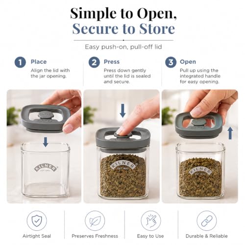 Image of Kilner Fresh Storage 160ml Airtight Glass Spice Jar Durable Vacuum Seal Lid BPA-Free Glass for Herbs Spices Pantry Cupboard Kitchen Organisation