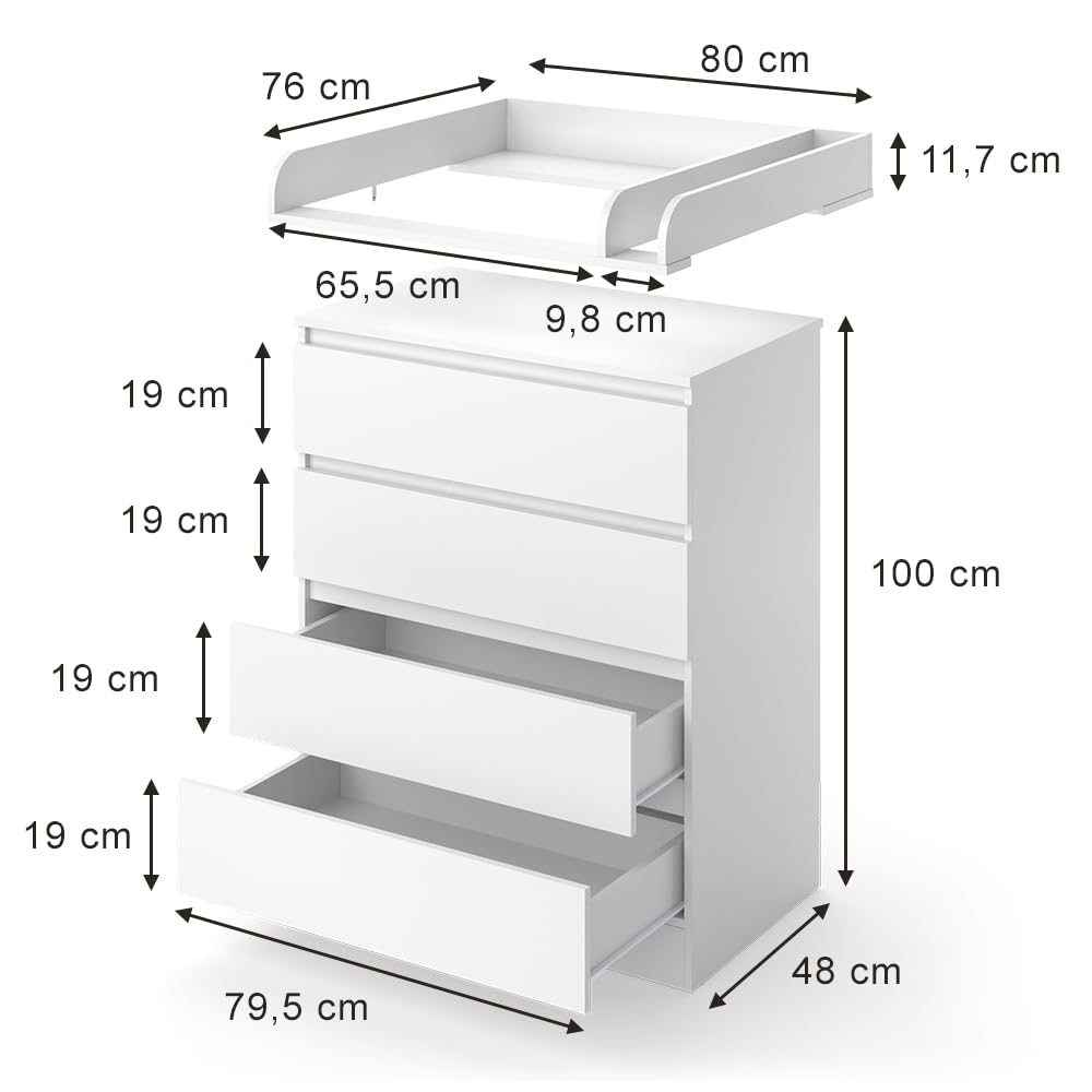Vitalispa Przewijak dla dziecka "Emmi", Biały, 80 x 111.6 cm | z 4 szufladami