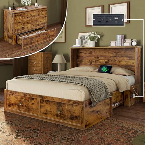 Image of AMERLIFE Queen Size Murphy Bed, Farmhouse Wooden Cabinet with Charging Station and Storage Drawer for Bedroom /Office /Guest Room, Rustic Brown