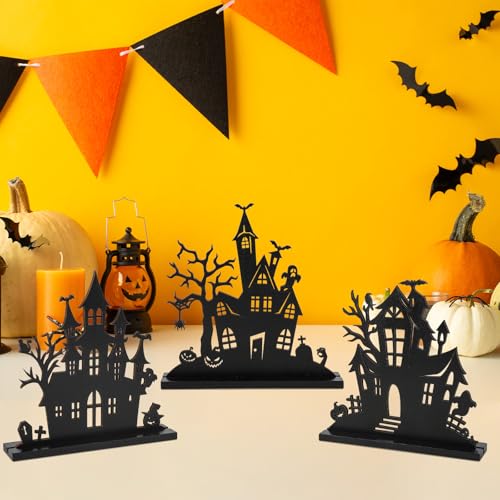 Hedeey ZH-HALLOWEEN DECORATIONS 3Pcs Halloween Wooden Tabletop Centerpiece Decorations,Wooden Double-Sided Printing Silhouette Sketch Ghost House Decoration Ornaments,Halloween Desk Tiered Tray Decor thumb #3