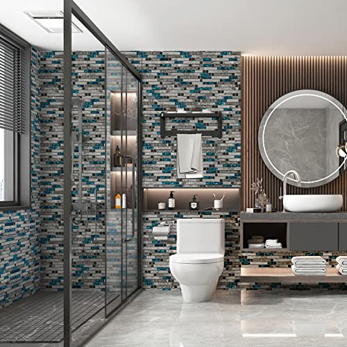 Midcard 4-Sheet Grey Marble Tile For Kitchen Backsplash 12" X 12.3" X 6Mm, Blue Glass With Grey Stone Mosaic Tile For Bathroom, Kitchen, Bedroom, Etc. #TOP5