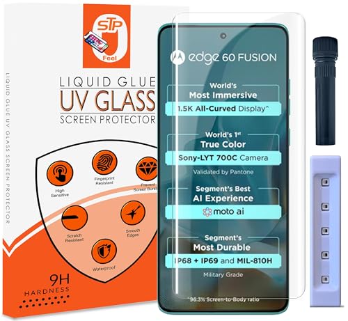 Image of STP FEEL UV Advanced Tempered Glass Screen Protector For Motorola Edge 60 Fusion 5G (6.67 Inch, Pack of 1) Full Adhesive UV Curved Case Friendly HD Clarity with easy installation kit