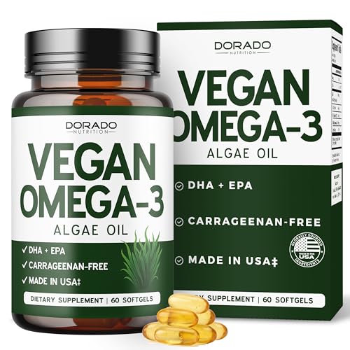 Vegan Omega 3 Algae Oil (60 Softgels) Plant Based DHA EPA - Sustainably Sourced, No Carrageenan, Non GMO | Heart, Brain, and Eye Health - Fish Oil Alternative - Algae Omega 3 Supplement - USA Made
