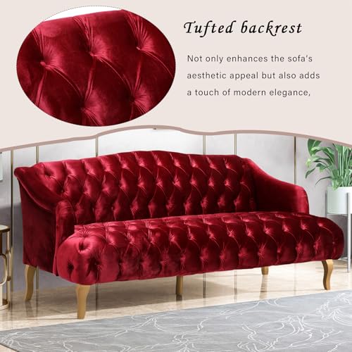 Image of Modern Wingback Tufted Velvet Loveseat, 73.25 inch 3 Seat Sofas Settee Bench Banquette Chesterfield Love Seat with High Back Thick Padded Cushioned Upholstered Couch for Living Room, Victorian Style, Red