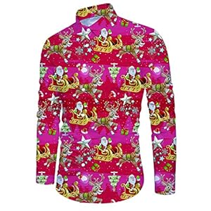 IDGREATIM Kersthemd heren 3D-print heren Kerstmis vrijetijdshemd lange mouwen slim fit grappig funky overhemden mannen Kerstmis hemd grappig kerstshirt M-XXL