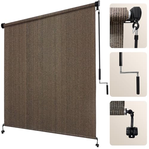 Artpuch Outdoor Roller Shades with Splicing Design, 10' W x 8' H Exterior Cordless Patio Shades Roll Up Blinds for Porch, Gazebo, Pergola, Balcony, Mocha