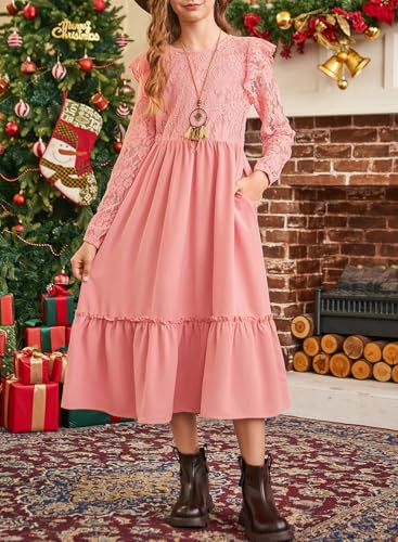 blibean Tween Girls 2025 Long Sleeve Dresses Kids Fall Formal Dress Size 6-15 Years2