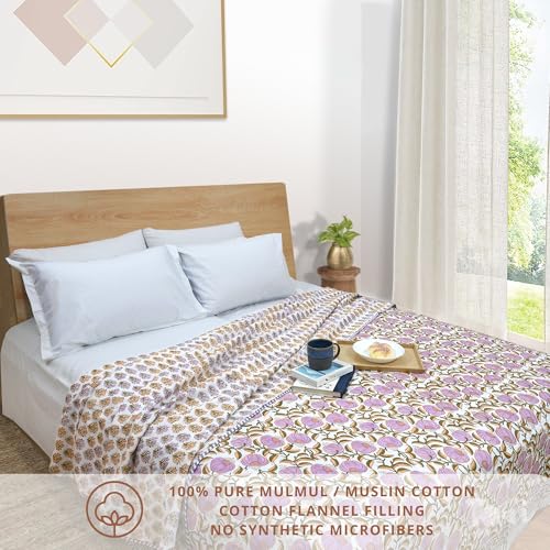 Image of TOAIArt Premium Jaipuri Dohar | AC Blanket Summer Quilt | Hand Block Printed | 3 Layers | Reversible | 150GSM 100% Mulmul Cotton | 100% Cotton Flannel Filling | Queen 90 inch X 108 inch|Round Florals Leaves