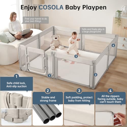 Image of Large Baby Playpen for Babies and Toddlers 79x71 Inch, Adjustable Foldable Indoor & Outdoor Play Pen for Toddlers Twins Baby Fence Play Yards with Breathable Mesh Anti-Fall Playpen,Khaki
