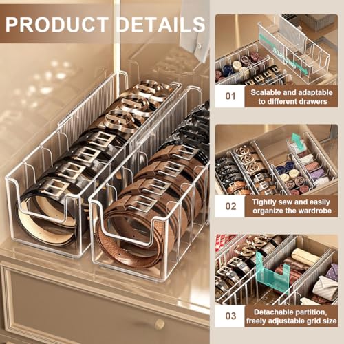 Image of HASTHIP Expandable Acrylic Belt Organizer, Stackable Belt Storage Organizer for Drawer Storage with Removable Dividers, Clear Display Case for Ties, Socks, Underwear