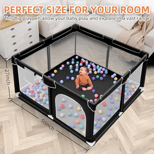 Image of ShivAnanta Baby Playpen for Home Indoor Kids Safety Play Fence with 30 Balls Mesh Play Area for 2+ Toddler Activity Zone Portable Baby Play Yard Anti Slip Child Play Space for Crawling Babies Secure Enclosure (Black)