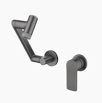Lefton Wall Mount Bathroom Faucet with Temperature Display Battery-Free, Single Handle Wall Mount Faucet for Bathroom Sink, Grey, BFWM2401-2