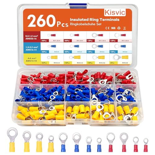 Kisvic Ringkabelschuhe 260 Stücke Ringösen Kabelschuhe Set 0 5-6mm Ø M4/M5/M6/M8 Kabel-Verbinder aus Kupfer Verzinnt Quetschverbinder Sortiment