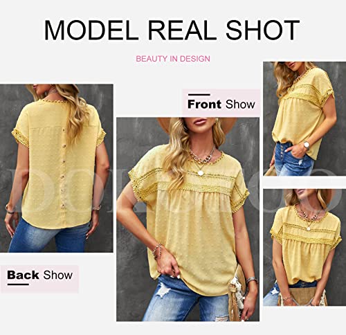 Dokotoo Women's Cute Summer Lace Crochet Crew Neck Flowy Short Sleeve Blouses For Women Shirts Back Button Down Solid Casual Loose Babydoll Pom Pom Swiss Dots Chiffon Tops Yellow S #TOP3