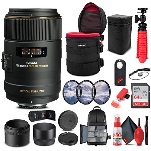 Sigma 105mm f/2.8 EX DG OS HSM Macro Lens for Nikon F (258306) Bundle + Backpack + 64GB Card + Lens Case + Card Reader + 3 Piece Filter Kit + Cleaning Set + Tripod + Memory Wallet + More