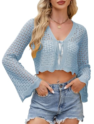 Image of Women's Soft Crochet Tie Front Cardigan Cropped Knit Bolero Shrug Summer Beach Cover Up Top