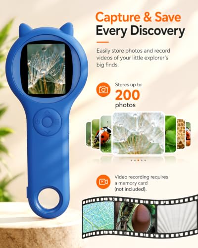 Image of Kids Digital Microscope for Boys, 500X Handheld Pocket Microscope with 2 inch IPS Screen, Adventure STEM Toy for Travel, Camping & School Projects Age 5-12 (Dark Blue)