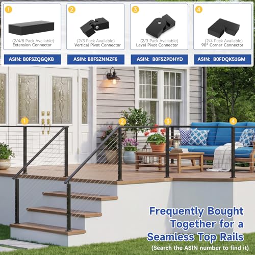 Image of Modular 1Pack 7FT Stainless Steel T304 Black Handrail for Cable Railing with Nylon End Cap Kits, 2.36 inch W x 1.18 inch H Cuttable Flat Handrail Rectangular Top Rail for Stair Railing Indoor Outdoor