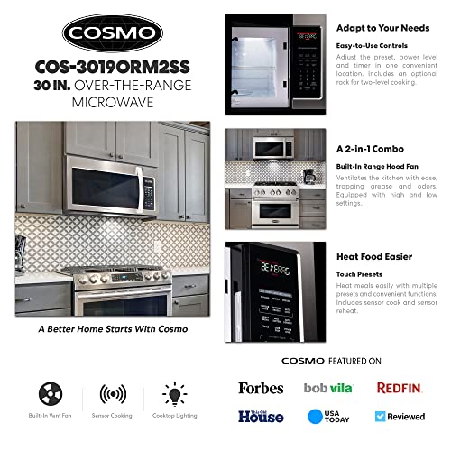 Image of 30 in. Stellar Coll 1.9 cu ft Over the Range Microwave, Vent Fan, Stainless | Cosmo COS-3019ORM2SS 1000W, Touch Presets, Sensor Cooking, Automatic Defrost, 11 Power Levels, LED Lighting