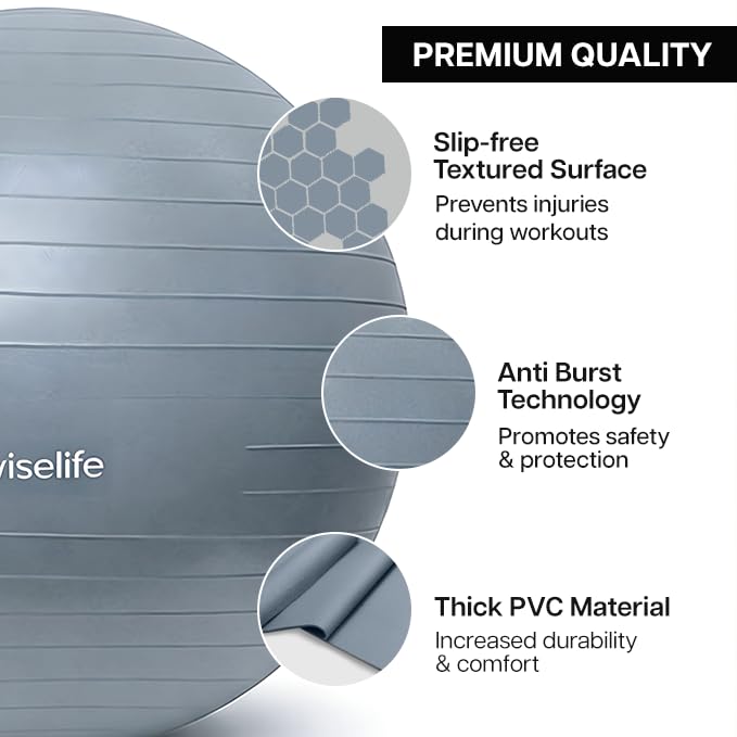 Image of Wiselife Gym Ball,Physical Therapy Yoga Ball for Home,Excercise Ball for Stability,Workout Fitness, Anti-Burst, Slip Resistant Balance Chair for Office, Swiss with Air Pump (Grey, 75 cm)