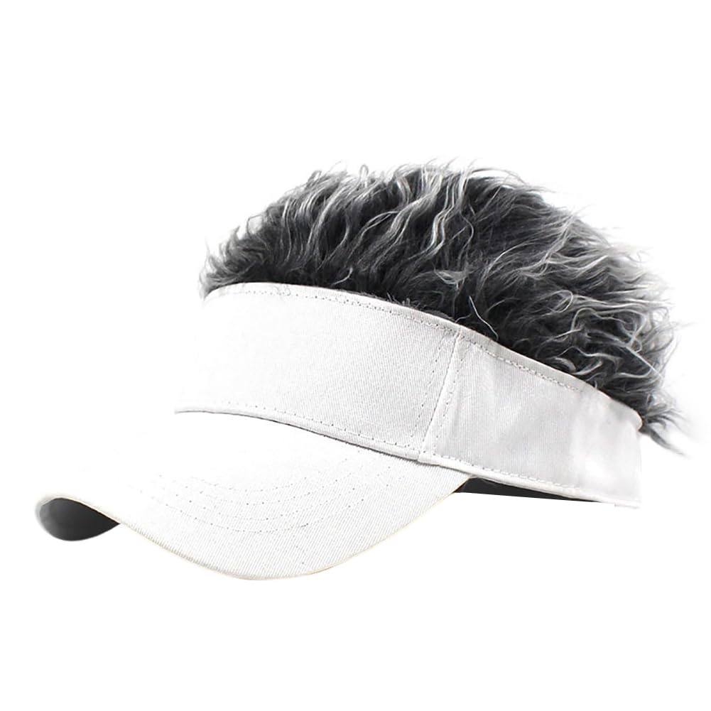Men's Visor with Hair Fake Hairs Visor Hat for Men Funny Sun Hats Novelty Baseball Wig Caps with Spiked Hair, White+Grey