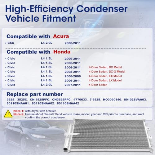 Image of Air Conditioning A /C Condenser Compatible with Honda Civic 2006-2011; Acura CSX 2006-2011