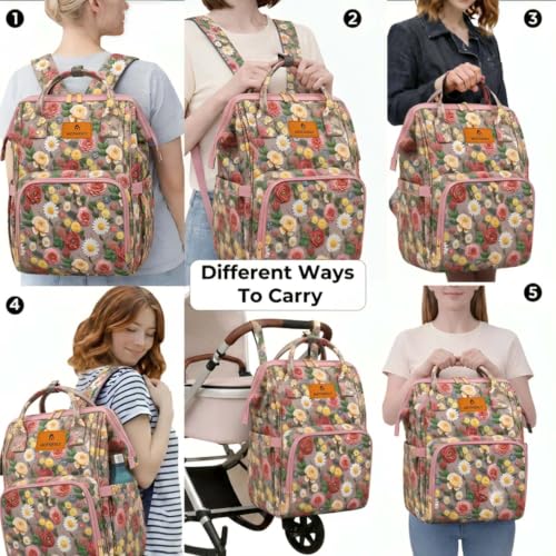 Image of Motherly Patented Diaper Bag Backpack for Moms | Waterproof Baby Travel & Maternity Bag | Spacious Nappy Bag with Insulated Bottle Pockets & Warranty (Floral Series)