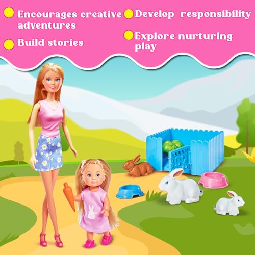 Image of Steffi & Evi Happy Animal Doll Set| Vibrant Pretend Play Dolls with Pets| Adorable Baby Doll with 16+ Baby & Animal Accessories| Ideal Gift for 3+ Year Girls (Rabbits)