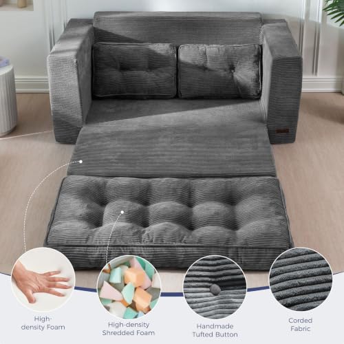 Image of MAXYOYO Convertible Sofa Bed, Loveseat Sofa Couch for Adults, 2 in 1 Folding Couch Bed, Fold Out Floor Couch for Living Room Bedroom Lounge, Dark Grey