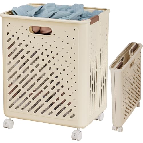 Zilnox 洗濯かご 折りたたみ ランドリー バスケット 折り畳み 洗濯カゴ スリム キャスター付き 大容量 幅37.5×奥行36.7×高さ49.5cm クリームイエロー 62L