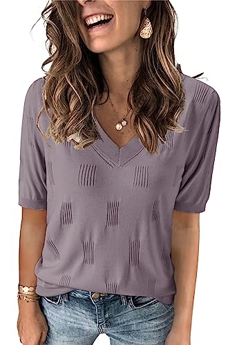 Image of Arach&Cloz Women's Lightweight Spring Summer Sweater Tops Casual Short Sleeve Blouses Shirts
