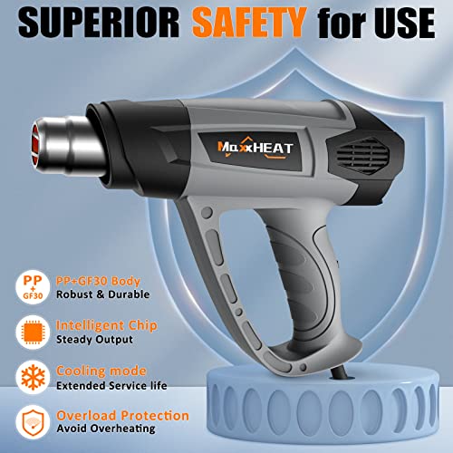 Heat Gun, 1800W Maxxheat Heavy Duty Hot Air Gun Kit Variable Temperature Control With 2-Temp Settings 122℉~1202℉ Overload Protection With 4 Nozzles For Crafts, Shrink Tubing/Wrapping, Stripping Paint #TOP3