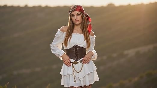 white pirate dress Costume Set 6 Pcs for Women, Halloween Renaissance Fair Outfit Color:Light Yellow Print 1930s velvet evening gown Trendy Dresses In All Renaissance dress adult pirate costume