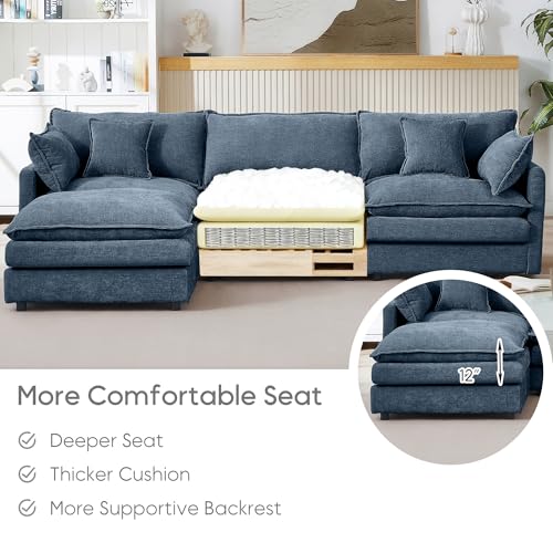 Image of 102 inch L Shaped Modular Sectional Sofa, Comfy Upholstery Chenille Cloud Couch with Ottoman, Modern 4-Seat Deep Seat Sofa with Pillow for Living Room, Bedroom, Apartment, Navy Blue