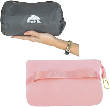 BlueHills Ultra Compact Travel Blanket Pillows Lightweight for Two Airplane Traveling Essentials Flight Throws in Bag case with Backpack Clip Compact Large Plane Accessories Gray and Pink
