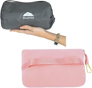 BlueHills Ultra Compact Travel Blanket Pillows Lightweight for Two Airplane Traveling Essentials Flight Throws in Bag case with Backpack Clip Compact Large Plane Accessories – Gray and Pink