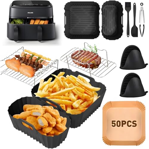 Airfryer Zubehör für Philips 3000 5000 Series, Heißluftfritteuse Zubehör Dual Basket 6L/3L, Silikonform Heißluftfritteuse Zubehör Grillrost Grillzange Einsatz Heisluftfritöse Zubehör für Philips 9L