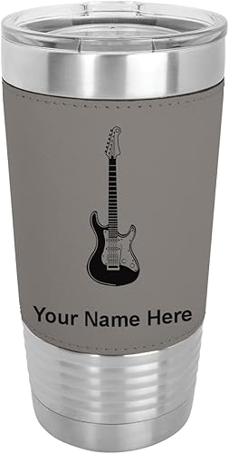 LaserGram Vaso aislado al vacío de 20 onzas guitarra eléctrica grabado personalizado incluido piel sintética gris